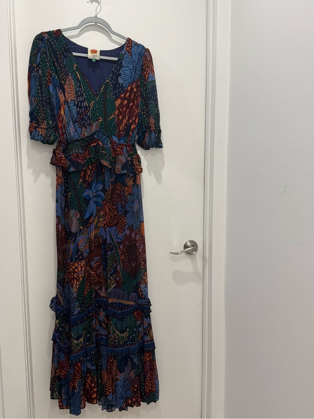 FARM Rio Blue Cool Leopard Ruffle Maxi Dress 100% Viscose S